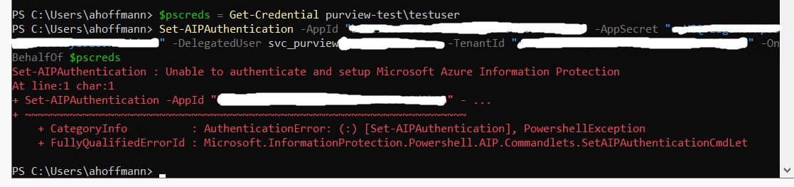 Error output after running Set-AIPAuthentication